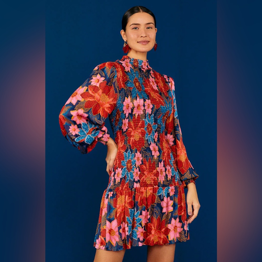 FARM Rio Long Sleeve Mini Smocked Dress in Garden Navy